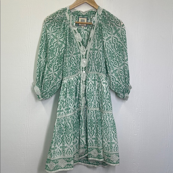 Bell - Clara Green Floral Print  Boho Cotton Silk Button Down Dress Size Small - Picture 9 of 11